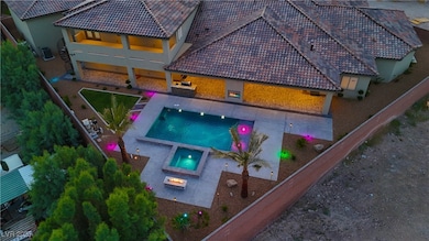 View from above of property featuring a pool
