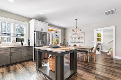 Kitchen with white cabinets, a wealth of natural light, dark hardwood / wood-style flooring, and hanging light fixtures