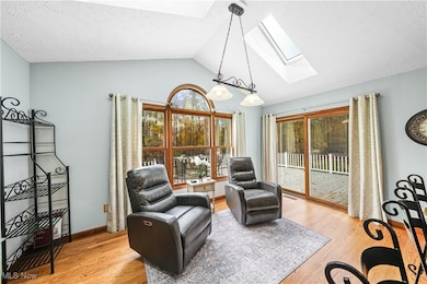 Living area with lofted ceiling, light wood-type flooring, a skylight, and a textured ceiling