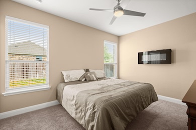 The serene primary suite includes plush carpet, a ceiling fan, and a spacious walk-in closet.