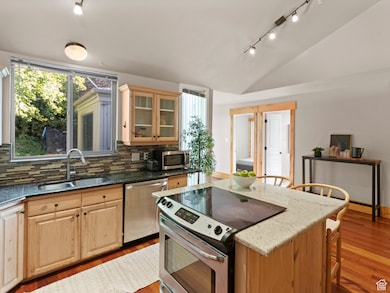Kitchen with track lighting, dark stone counters, appliances with stainless steel finishes, light wood-type flooring, and vaulted ceiling