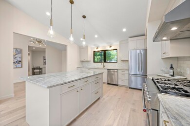 Kitchen with light wood finished floors, stainles