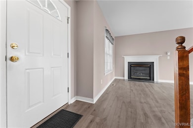 Foyer entrance with a glass covered fireplace, bas