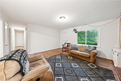 Living room featuring wood finished floors and a textured ceiling