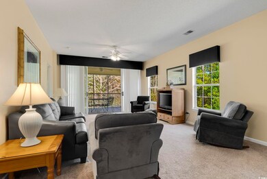 Carpeted living room with ceiling fan and a textur