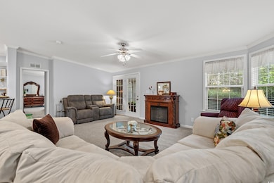Living room with crown molding, light colored carp