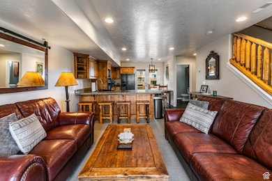 Carpeted living room with a textured ceiling, a barn door, and recessed lighting
