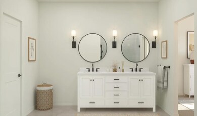 Primary bath with freestanding vanity