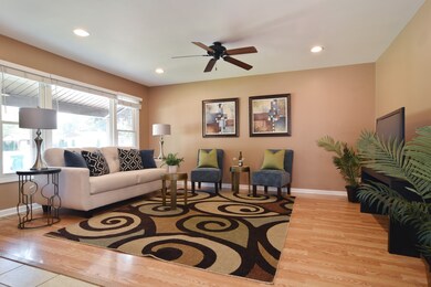 Bright, large, cozy living room with large windows