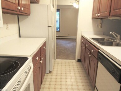 Cherry cabinets in the galley kitchen which is ful