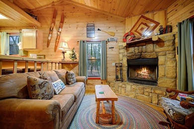 Living room featuring a fireplace, wooden walls, l