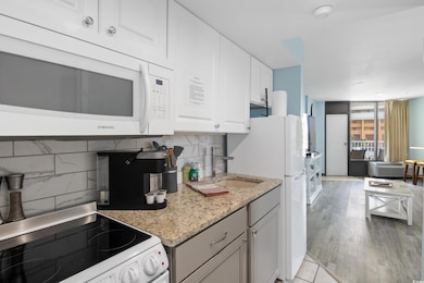 Kitchen with sink, white appliances, backsplash, l