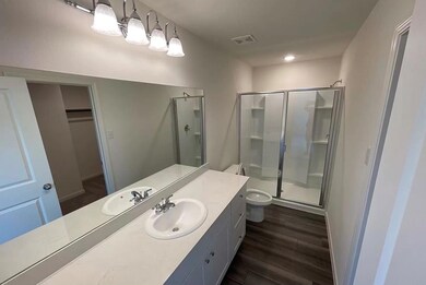 Bathroom featuring toilet, vanity, hardwood / wood-style flooring, and walk in shower