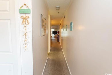 Corridor featuring baseboards, carpet flooring, and a textured ceiling