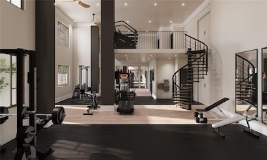 Workout area with crown molding, a towering ceilin