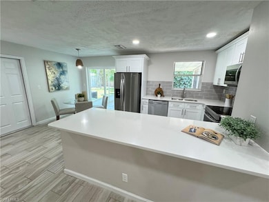 Kitchen with a peninsula, backsplash, stainless steel appliances, wood tiled floors, and pendant lighting