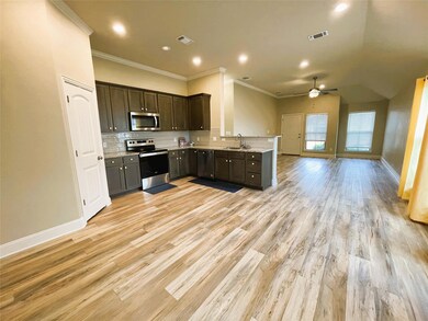 Kitchen featuring ceiling fan, tasteful backsplash, light wood-type flooring, stainless steel appliances, and kitchen peninsula