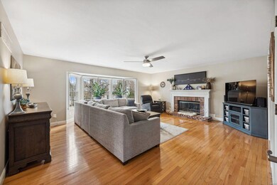 Gas fireplace with wood surround, dentil molding accents plus Hunter ceiling fan with light which are also found throughout this home.