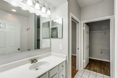 Bathroom featuring vanity, wood finished floors, a spacious closet, and a shower
