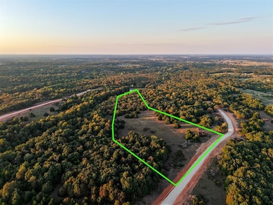 Aerial overview of property's location with property boundaries highlighted and a heavily wooded area