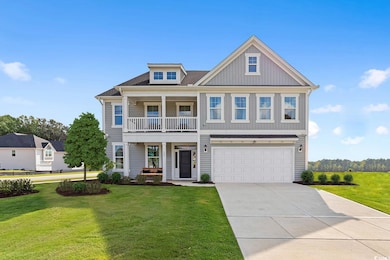 View of front facade featuring a porch, a garage, concrete driveway, a front lawn, and a balcony