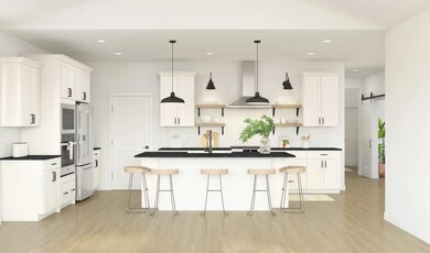 Kitchen with pendant lighting and floating shelves