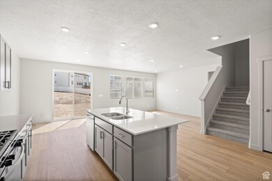 Kitchen featuring gray cabinets, appliances with stainless steel finishes, a kitchen island with sink, a textured ceiling, and light wood-style flooring