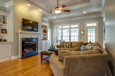 Living room with gas fireplace, trey ceiling, and custom built-ins