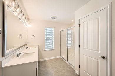 Bathroom featuring double vanity and a stall show