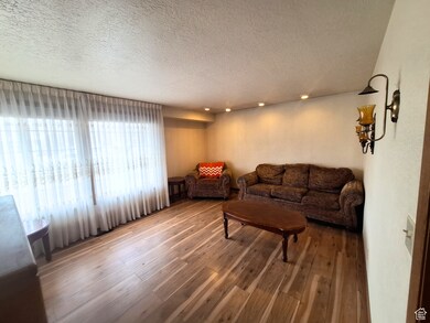 Living room featuring a textured ceiling, wood finished floors, and recessed lighting