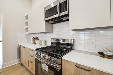 Modern kitchen featuring sleek cabinetry, stainles