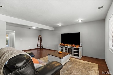 Living room featuring wood finished floors and a textured ceiling
