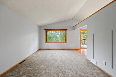 Vaulted ceiling and views of the backyard