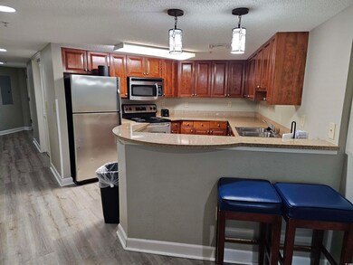 Kitchen with a breakfast bar, pendant lighting, li