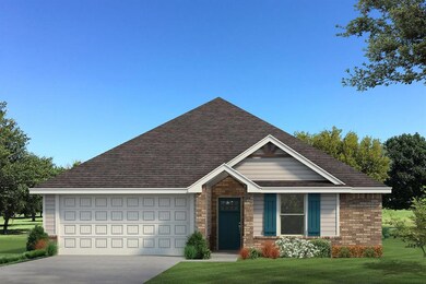 View of front facade with driveway, a garage, brick siding, a front lawn, and a shingled roof
