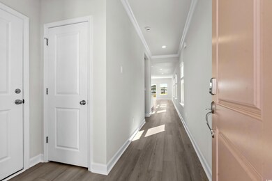 Hall with dark wood-type flooring and ornamental m