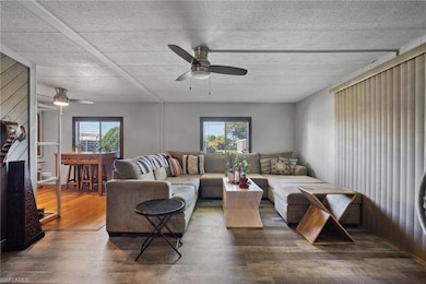 Living room with ceiling fan, dark hardwood / wood