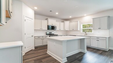 Kitchen with dark wood finished floors, stainless 