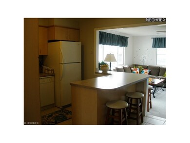 The kitchen flows into the living room.