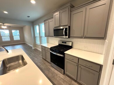 Kitchen with gray cabinetry, dark wood-type flooring, stainless steel appliances, and sink