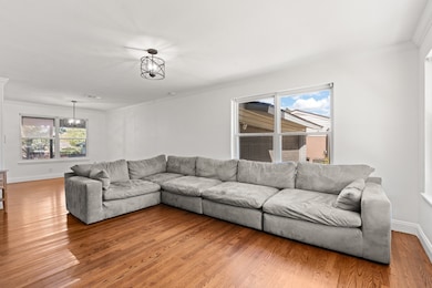 Living room featuring crown molding, plenty of natural light, and wood finished floors