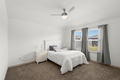 The primary bedroom boasts multiple windows with privacy blinds, plush carpet and a ceiling fan for added comfort.