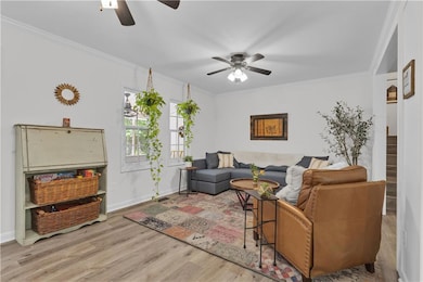 MF Living area featuring ceiling fan, wood finished floors, and ornamental molding