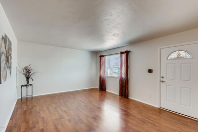 Living room has wood laminate flooring