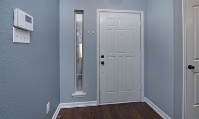 Doorway with dark hardwood / wood-style flooring