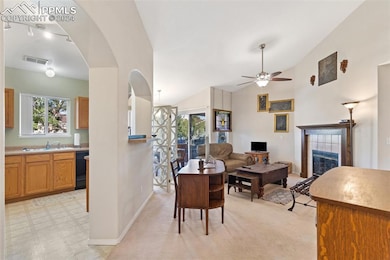 Carpeted living room with ceiling fan, sink, vault