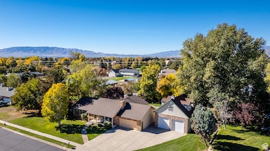 Aerial perspective of suburban area with mountains