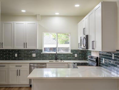 Kitchen with stainless steel appliances, light st