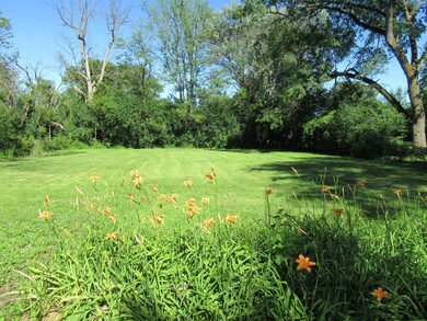 yard reaches to tree line past flower bed