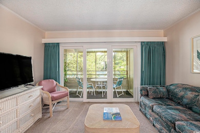 Carpeted living area featuring crown molding and a textured ceiling